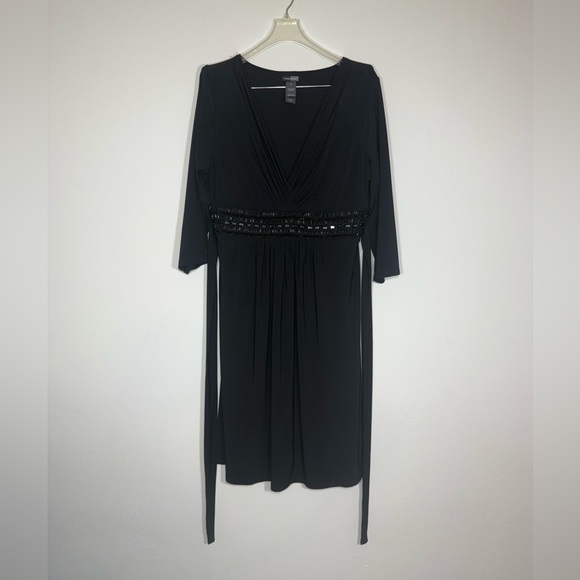 Bisou Bisou Black 3/4 Sleeve Dress with Beaded Detail Comfortable Flattering - Picture 2 of 10